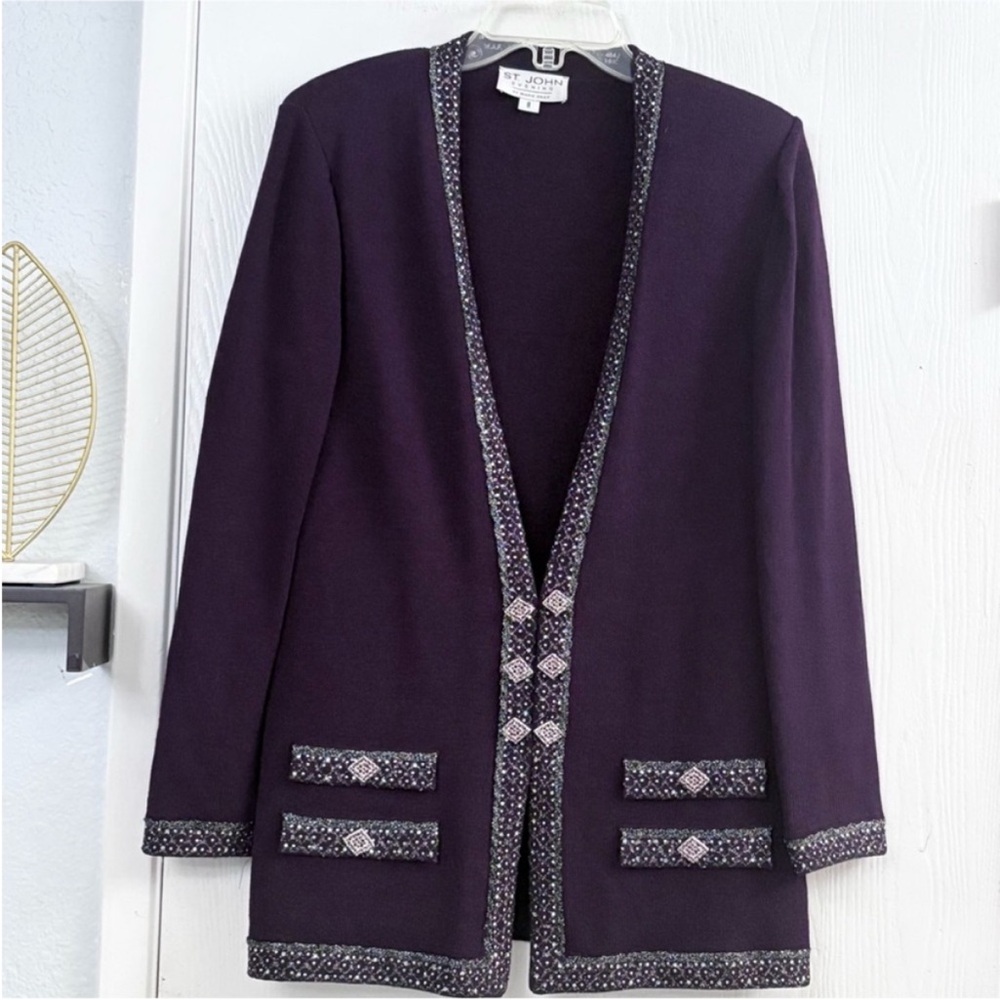 St. John Evening Plum Knit Open-Front Jacket with Embellished Trim Size 8